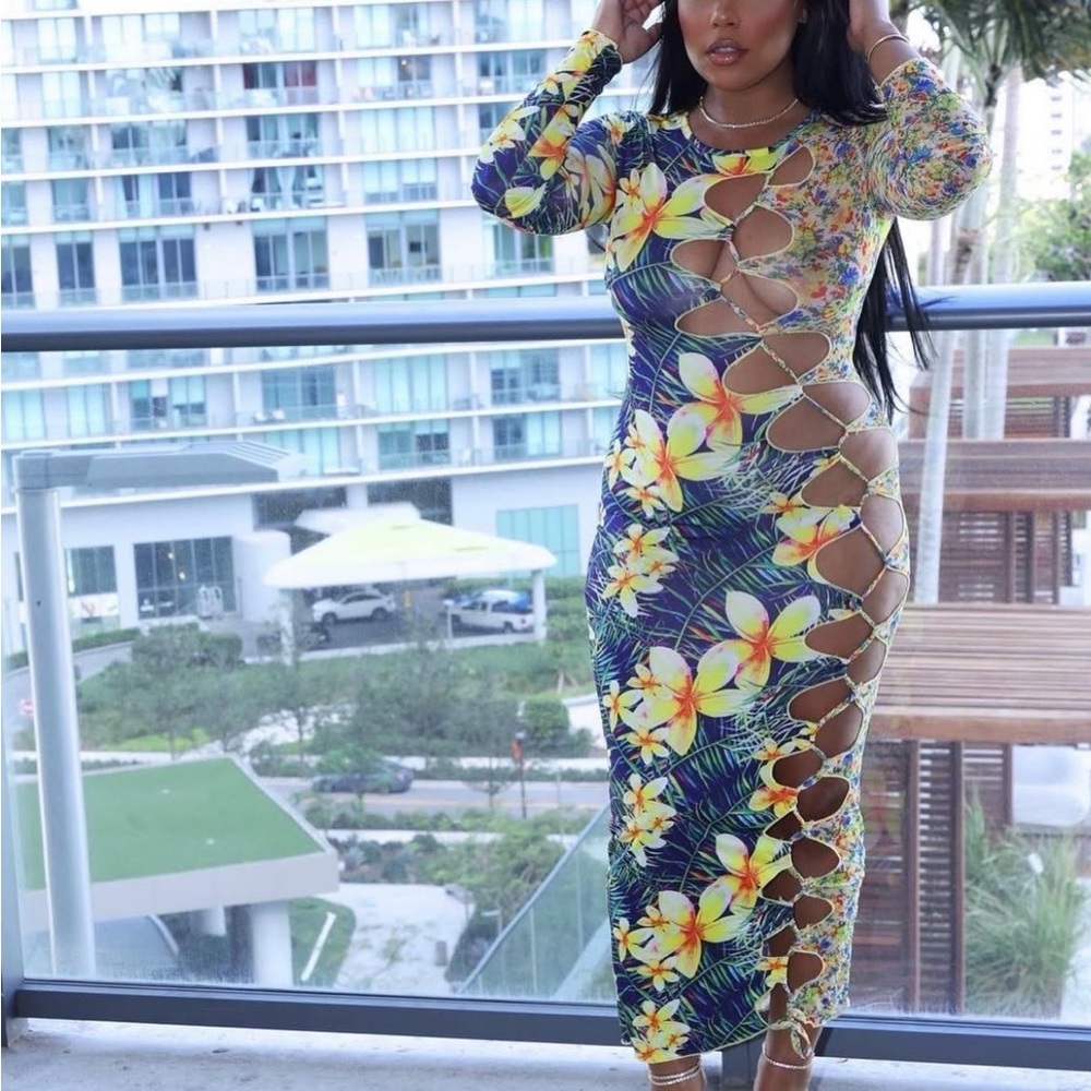 Tropical Floral Cutout Maxi Dress - Yellow & Blue